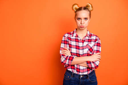 Close up photo attractive beautiful she her lady arms crossed bad mood not satisfied wrong not fair...