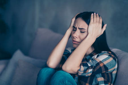 Close up side profile photo beautiful she her lady arm hold temples eyes closed terrible suffer pain...
