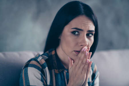 Close up side profile photo beautiful she her lady displeased hopeless suffering breakup husband...