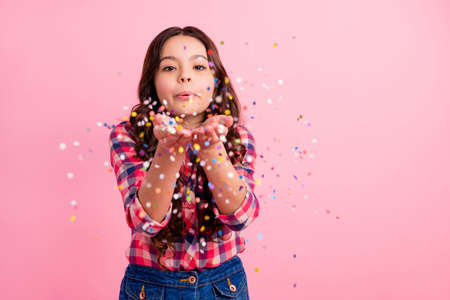 Portrait of cute elegant child hold hand gesture send sir kiss celebrate weekend free time want...