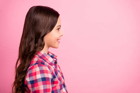 Profile side view photo of friendly pretty cute little lady people person long haircut confident...