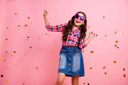 Portrait of cute charming funny lady people kid sing singer celebration holiday event like on stage wave hands palms voice loud wear checked jeans stylish shirt modern isolated pink pastel backgroundの写真素材
