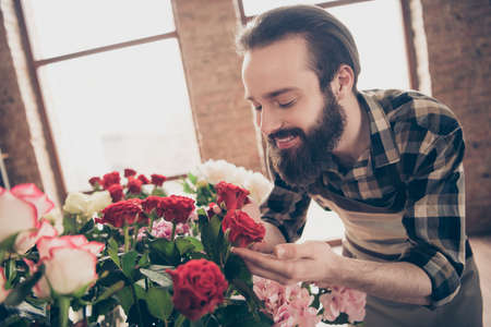 Close up profile side view photo cute nice charming pretty youngster hold hand botanical environment...