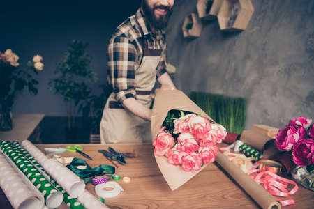 Cropped view photo of handsome nice pretty millennial youth hold hand surprise woman day 8-march wedding feel content enjoy fresh flora nature desk desktop occupationの写真素材