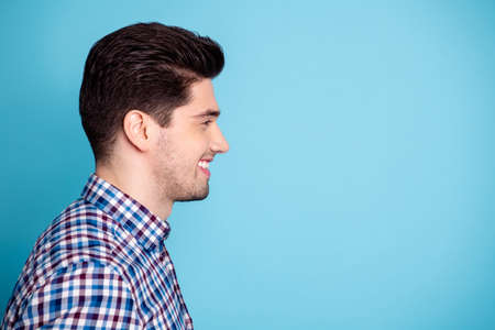 Half turned close up photo portrait of handsome cool carefree careless groomed pampered he him guy...