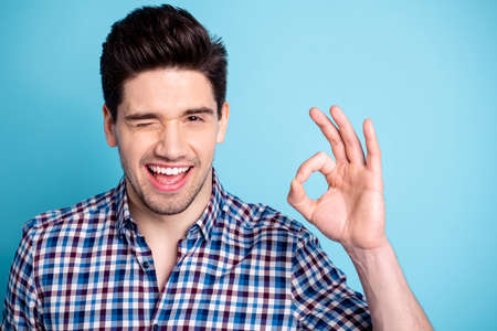 Close up photo cool confident satisfied youth stubble promoter give ad feedback tip advise decide...