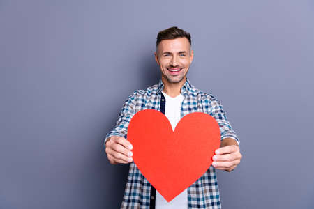 Close up photo attractive he him his guy arms hands giving large red paper heart congrats girlfriend wife postcard invitation romance date wear casual plaid checkered shirt isolated grey background