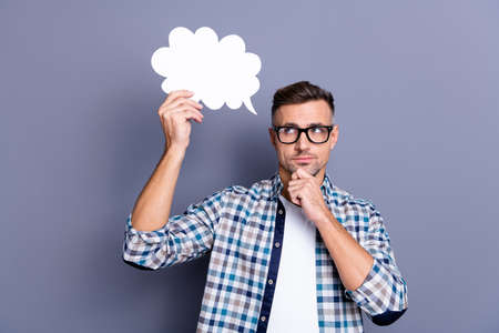 Close up photo attractive he him his guy arms hands white empty paper cloud deep thinking over...