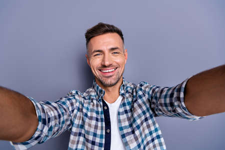 Self-portrait of his he nice-looking attractive well-groomed cheerful, cheery bearded guy wearing...