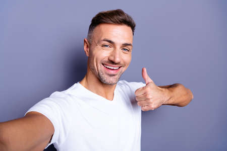 Close up photo amazing positive he him his middle age macho perfect appearance easy-going make take...