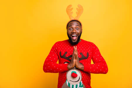 Portrait of his he nice attractive cheerful cheery positive funky guy wearing Santa look outfit...