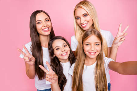 Self-portrait of four nice-looking attractive lovely charming cute glad cheerful cheery optimistic...