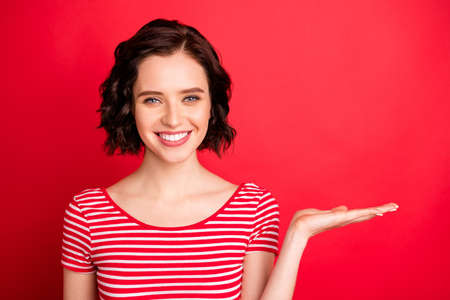 Close-up portrait of her she nice attractive lovely charming cute cheerful cheery confident glad wavy-haired lady holding new ad advert isolated on bright vivid shine red backgroundの写真素材