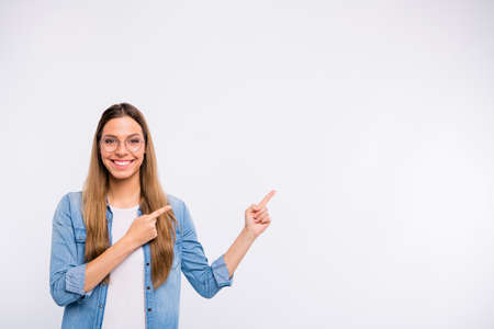 Photo of smart confident with toothy beaming smile charming manager business lady demonstrating copy...