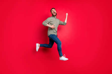 Full length body photo of cheerful playful happy glad handsome white trendy model rock musician...