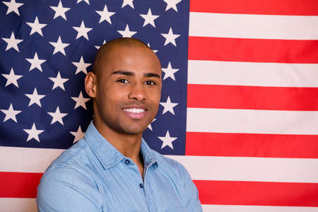 Close up photo of confident lovely youth feel glad dreamy isolated over us flag