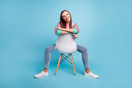 FUll body photo of sincere friendly confident nice glad optimistic lady having pause break sitting...