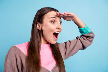 Side profile close-up photo of funky pretty lady holding palm near forehead holding mouth opened...