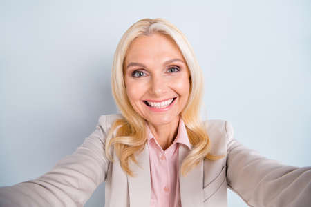 Self-portrait of  nice-looking attractive lovely charming shine stylish cheerful cheery glad...