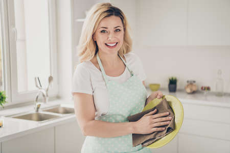 Portrait of her she nice attractive lovely cheerful cheery wavy-haired girl doing making cleanup cozy comfort polishing drying in light white interior kitchen indoorsの写真素材