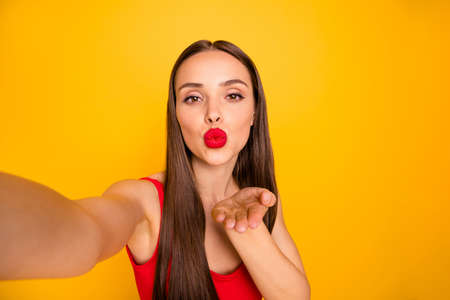 Photo of amazing model lady making selfies hold hand send air kiss blog followers wear red swimming...