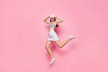 Full body photo of lovely youngster screaming shouting wearing eyeglasses eyewear isolated over pink...