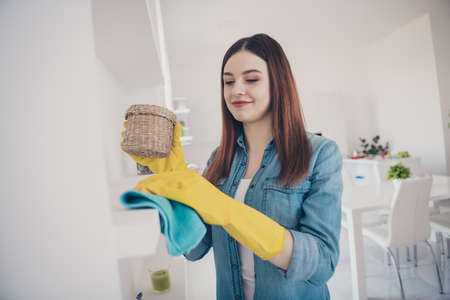 Photo of pretty housemaid make general spring cleaning dusty furniture shelf living roomの写真素材