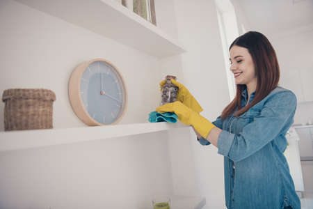 Attractive woman housemaid make general spring cleaning dusty white furniture shelf living room