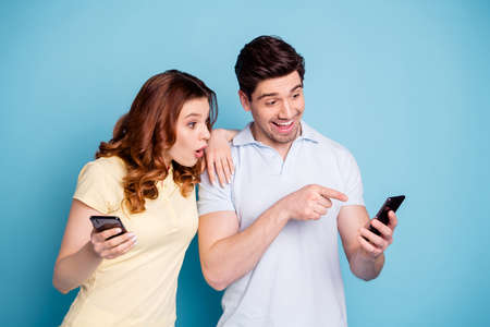 Close-up portrait of nice attractive cool naughty playful coupleの写真素材