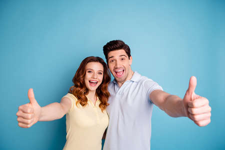 Close-up portrait of nice attractive cool naughty playful couple