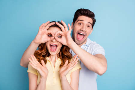 Close-up portrait of nice attractive cool naughty playful couple