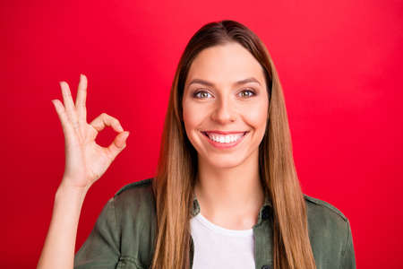 Photo of nice good charming fascinating attractive girl giving perfect word about something being...