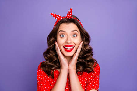 Photo of beautiful charming rejoicing girlfriend who cannot help admiring camera while isolated with...