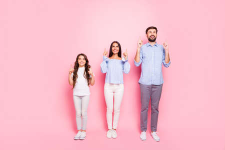 Full size photo of charming family with curly long hair wearing white t-shirt checkered blouse shirt...