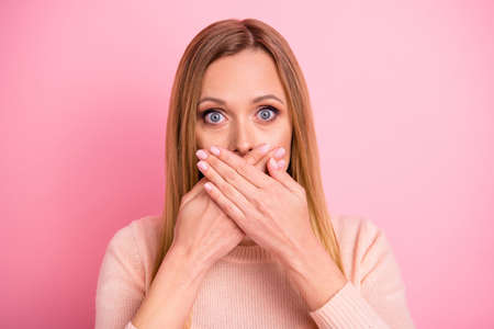 Close up photo of upset impressed person people have trouble depression stressful close cover face stareb stupor isolated over pink backgroundの写真素材