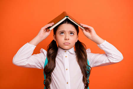 Close up photo of charming kid small people feel disappointed look up dressed white fashionable...
