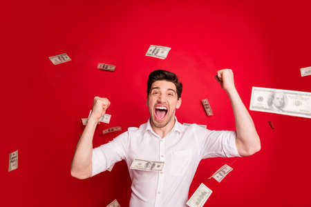 Photo of wealthy rejoicing overjoyed, man standing in rain of dollar banknotes while isolated with red backgroundの写真素材