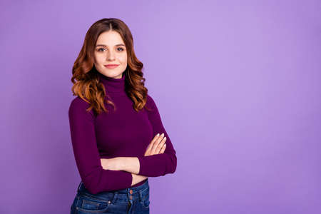 Portrait of charming lady look isolated over violet purple backgroundの写真素材