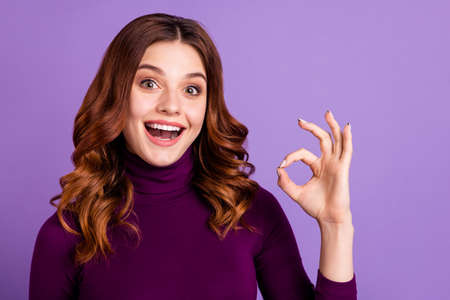 Close up photo of lovely funny youth have ads adverts isolated over violet purple background
