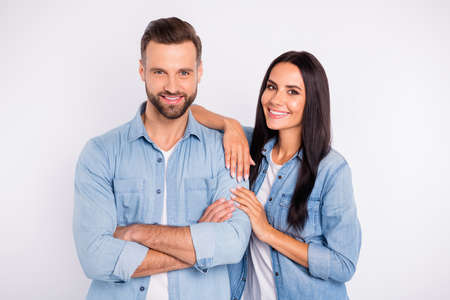 Portrait of his he her she nice-looking shine attractive lovely tender cheerful cheery content glad...