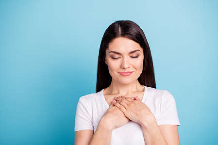 Photo of fascinating cute nice pretty woman enjoying silence around having reached for harmony while...