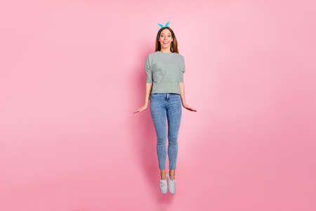 Full length body size view of her she nice attractive lovely charming cheerful cheery careless funny...