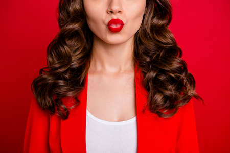 Cropped photo of beautiful lady sending air kiss dressed formal-wear jacket isolated burgundy...