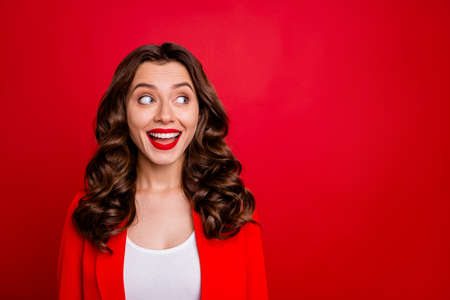 Photo of pretty lady look side empty space wear formal-wear red jacket isolated burgundy background