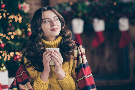 Close up photo of nice cute charming attractive positive girlfriend wearing yellow sweater looking away while sitting and enjoying christmas atmosphereの写真素材