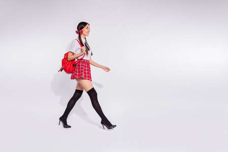 Full length side profile body size photo amazing she her lady korean chinese exchange student friendly walk classroom glamour bag wear red checkered plaid suit pantyhose tie isolated white backgroundの写真素材