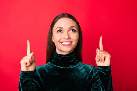 Close up photo of excited lovely youth look have ads advertisements select suggest promotion...