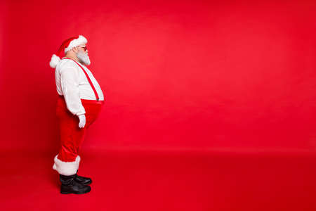 Full size profile side photo of minded fat overweight santa claus with spectacles have funny big...