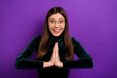 Portrait of cute lady placing palms screaming shouting wearing black turtlneck isolated over violet...