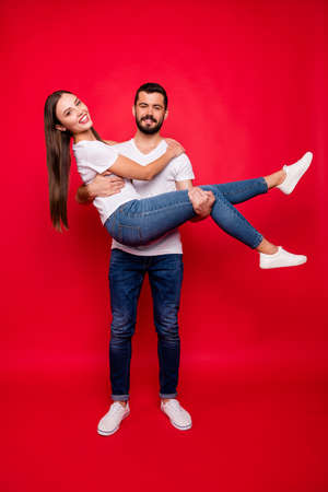 Vertical full length body size view of his he her she nice-looking attractive charming cute lovely...